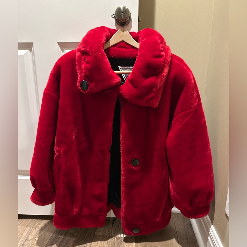 Marvin Richards Vintage  Red Faux Fur Short Coat, Jacket, Size L valentine